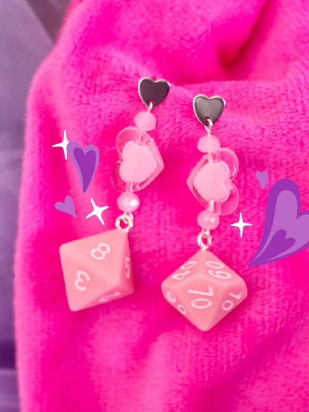 Baby Pastel Pink Heart & Dice Earrings - Playful Pink Dangle Earrings DND outfit